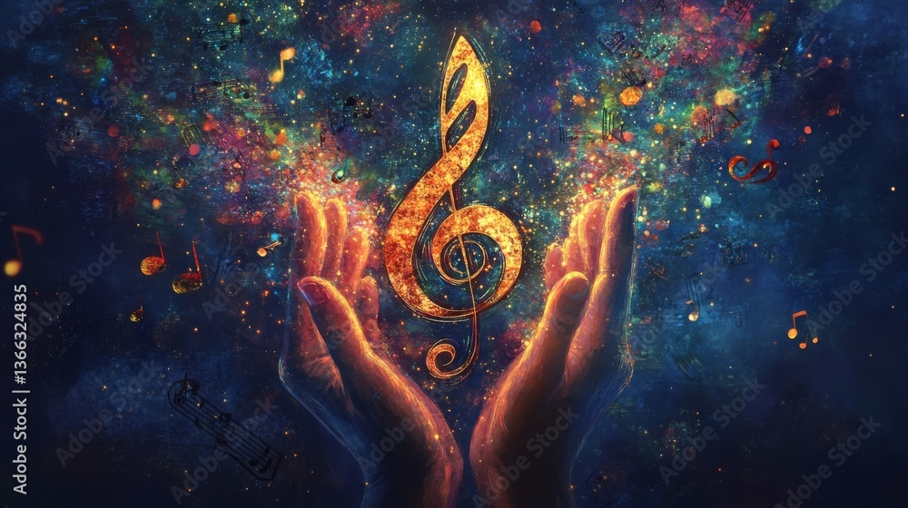 Poster abstract and vivid digital artwork of hands presenting a glowing treble clef surrounded by shimmerin