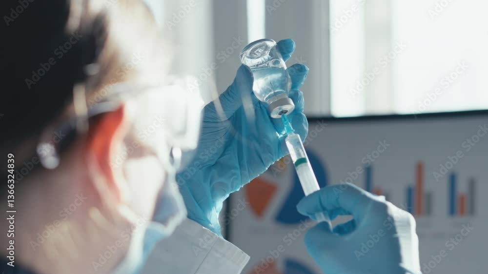 Poster in a busy lab, a scientist in a white coat carefully prepares a vaccine with a vial and syringe, dem
