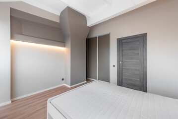 Modern Apartment Minimalist Bedroom Interior with Bed and Ambient Lighting