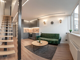 Modern Home Minimalist Apartment Interior with Stylish Furniture and Staircase