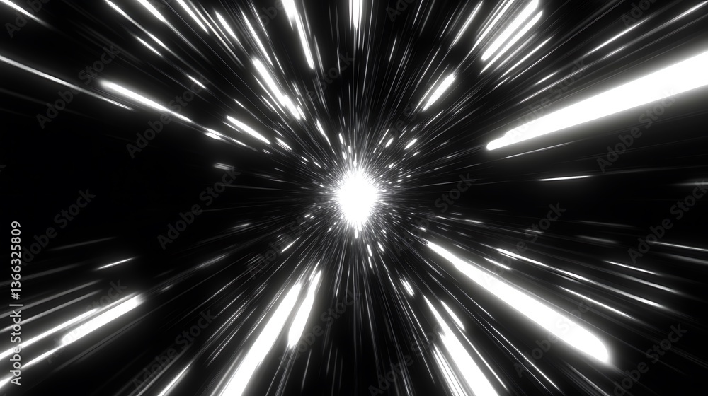 Poster abstract monochrome light streaks converging to center: dynamic graphic background with motion and s