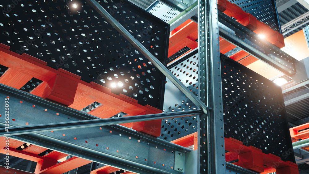 Poster a warehouse with a lot of red and black boxes stacked on top of each other. the boxes are made of wo