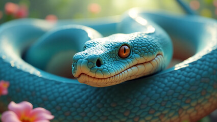 Fototapeta premium Blue Green Snake Coiled Among Pink Flowers
