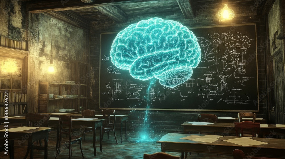 Poster a captivating neon blue holographic brain floating in an old-fashioned classroom, showcasing futuris
