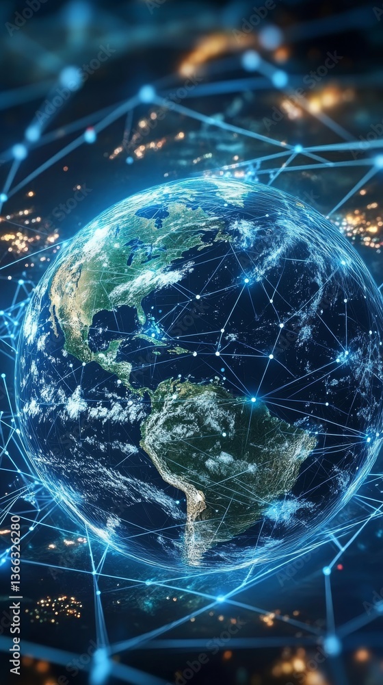 Poster a striking illustration of planet earth connected by glowing digital networks, showcasing a futurist