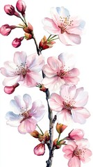Delicate cherry tree branch with pink flowers cascading gracefully to create a soft and serene springtime atmosphere