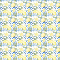 Lemon pattern. Seamless watercolor pattern. Texture. Citrus. Motifs of Italy, Spain. Lemon flowers. Summer print. Home textiles. Juicy print. Scrapbooking. Yellow. Lemon branch.