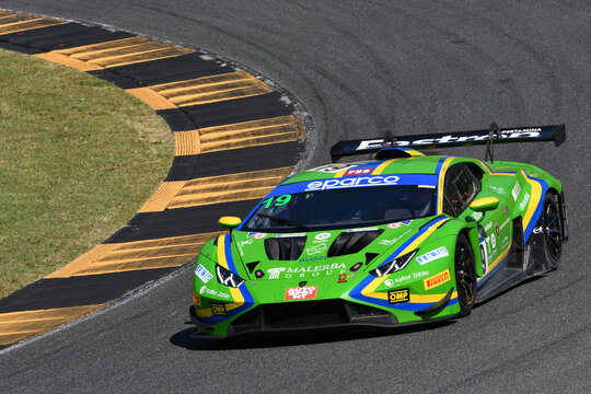 Scarperia, Italy - July 13th 2024: Lamborghini Huracan GT3 EVO 2 of team VSR drive by Cazzaniga Riccardo and Liberati Edoardo in action during ACI CSAI Racing Weekend 2024 at Mugello Circuit.