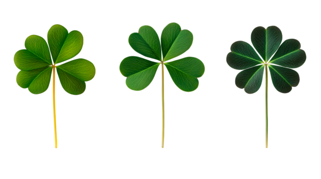 Three clovers with three, four, and five leaves, cut out transparent