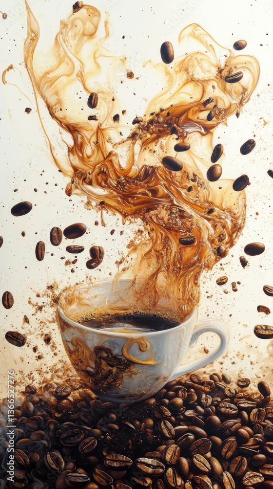 Poster a dynamic shot of coffee splashing from a cup, surrounded by flying coffee beans, creating an energe