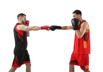 Men in boxing gloves fighting on white background