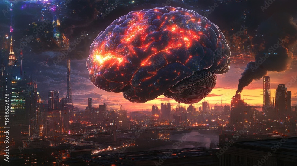 Poster a glowing brain with vivid neural connections hovering over a futuristic city at sunset, blending te