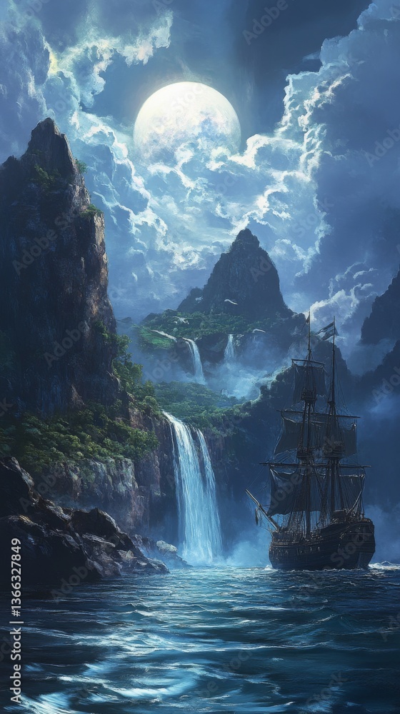 Poster majestic night view of a full moon illuminating towering cliffs, cascading waterfalls, and a serene 