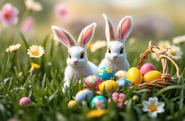 Charming Easter Scene with Two Lifelike Bunnies and Colorful Eggs