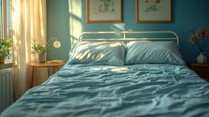 This image showcases a serene bedroom with a blue bedspread, soft natural light streaming through curtains, and framed botanical art. A calming space.