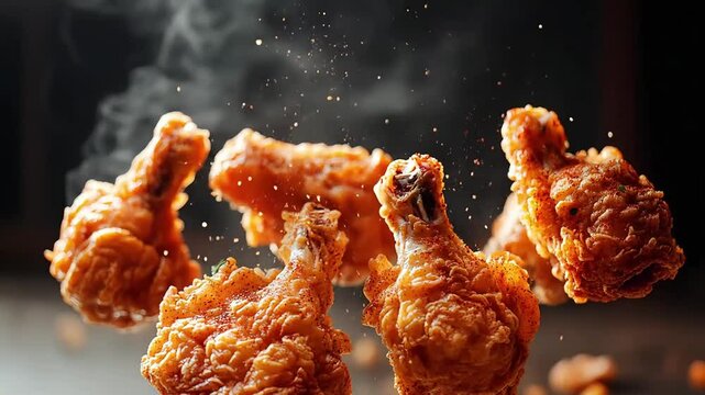 Golden fried chicken wings, seasoned with herbs, falling in a surreal scene with steam and sparkling lights, showcasing their crispy texture and inviting warmth in a dreamy food display.