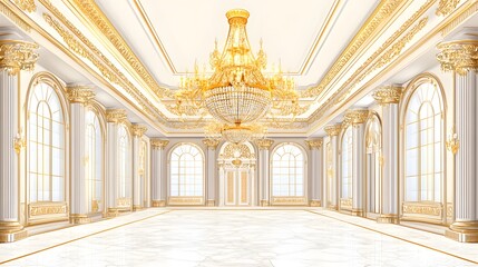 Fototapeta premium Luxurious Grand Palace Ballroom with Ornate Gold Chandelier - Elegant Interior Design Photography