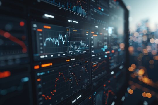 Futuristic 3d hud interface with neon dashboard and financial graphs on dark background