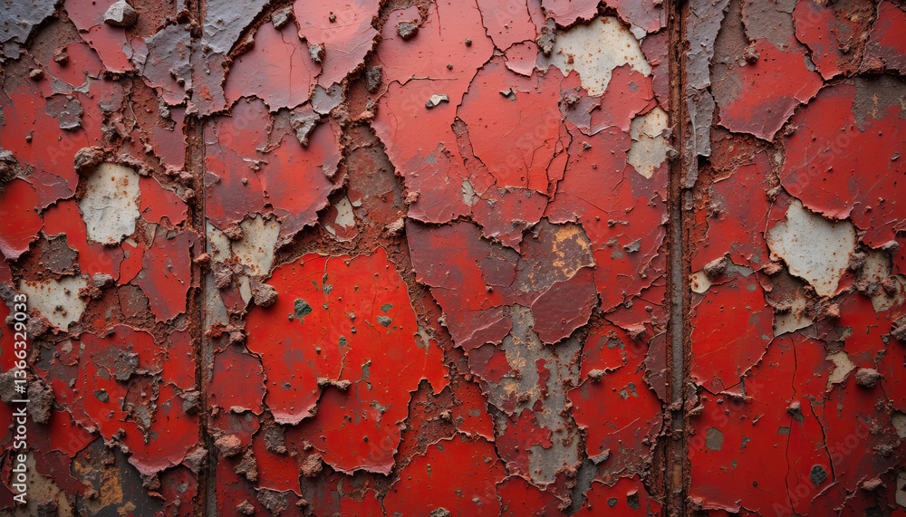 Poster close-up view of a weathered red metal surface showing extensive peeling paint and rust. the texture