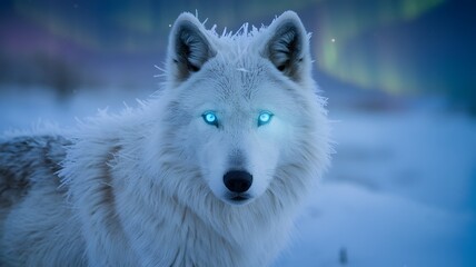 Obraz premium White Wolf with Frosted Fur and Glowing Blue Eyes in Arctic Scene