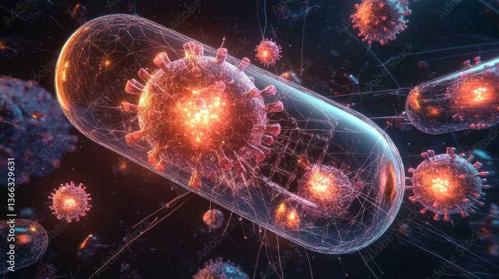 Poster stunning 3d rendering of microscopic viruses enclosed in advanced capsules, surrounded by intricate 