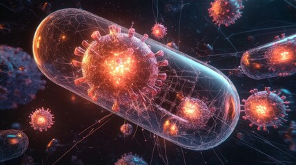 Obraz premium Stunning 3D rendering of microscopic viruses enclosed in advanced capsules, surrounded by intricate glowing red networks, representing innovation in medical technology.. AI Generation