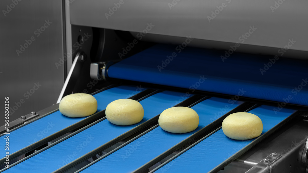 Aufkleber a conveyor belt with four doughnuts on it. the doughnuts are yellow and are being made in a machine