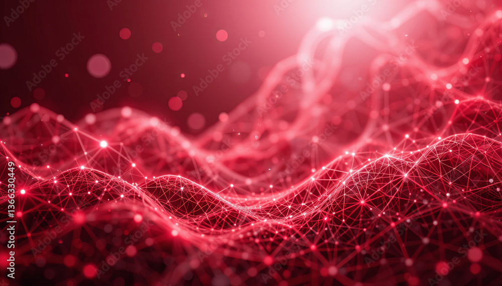 Poster dynamic red waves adorned with glowing points and interconnected lines create a captivating visual d