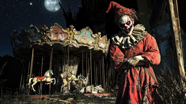 Creepy clown standing by abandoned carousel under full moon - eerie nighttime horror scene
