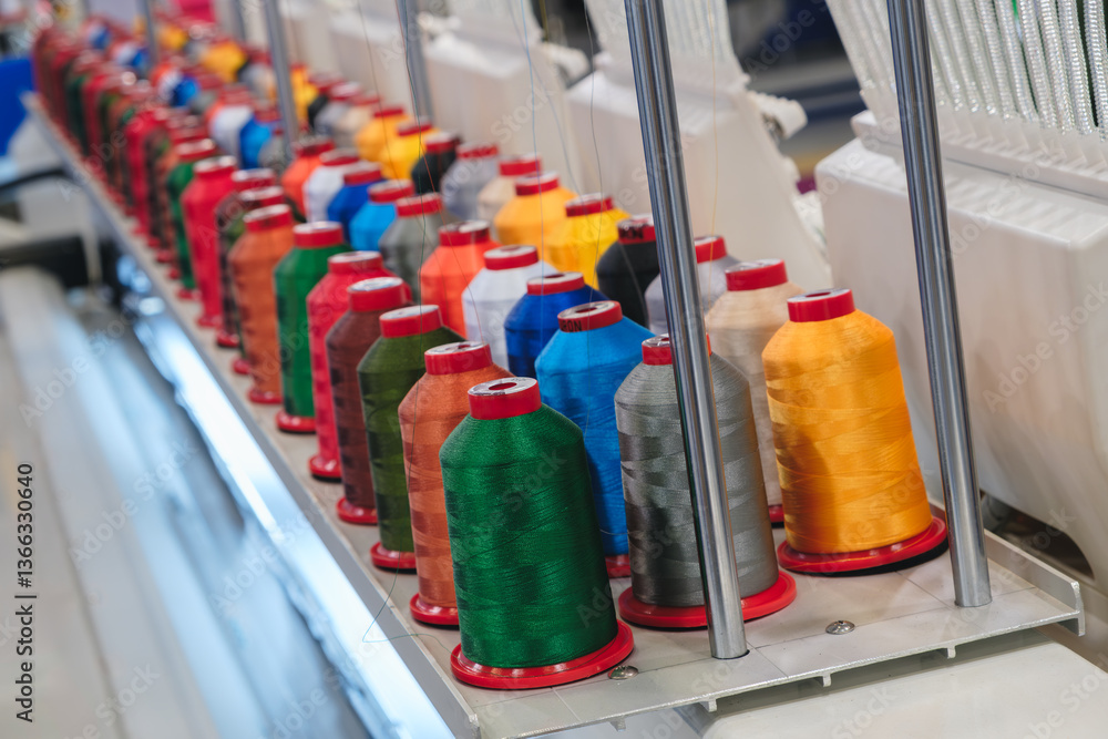 Aufkleber a row of colorful spools of thread are hanging on a rack. the spools are of different colors and siz