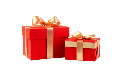 Two red gift box with gold ribbon isolated on transparent background. 