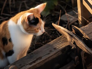 Curious cat observing old plow in golden hour light. Generative ai illustrations