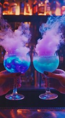 Two smoky, glowing cocktails in vivid blue and purple hues, held in a bar's atmospheric lighting. Great for nightlife, party, and creative drink themes.. AI Generation