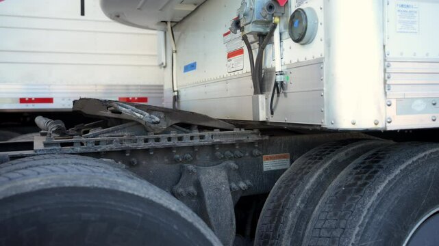 Truck is hooking up the fridge trailer on the parking lot. Slow motion