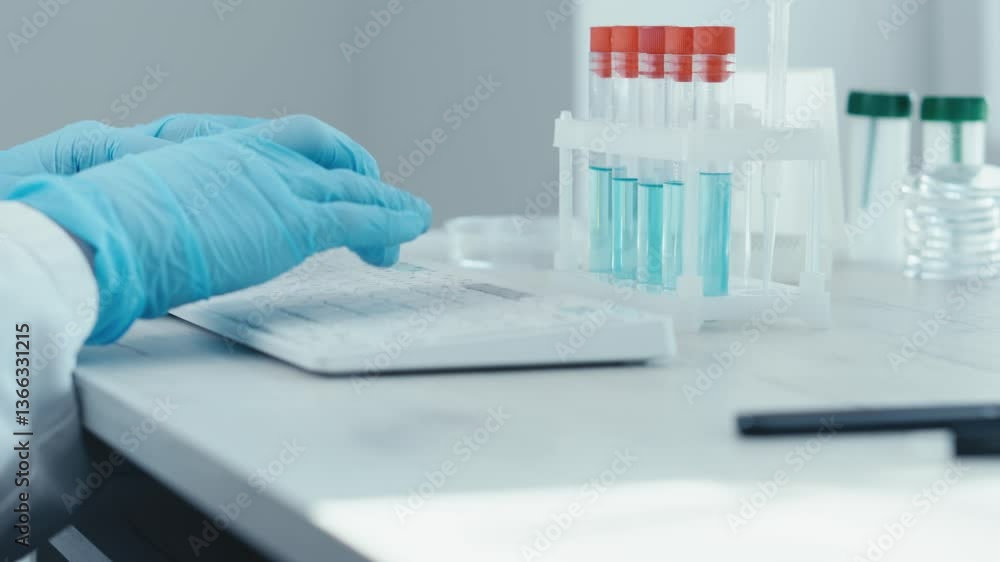 Aufkleber A dedicated scientist in a stateoftheart lab examines vaccine samples in test tubes while typing on a specialized keyboard, highlighting modern medical researchs advanced techniques