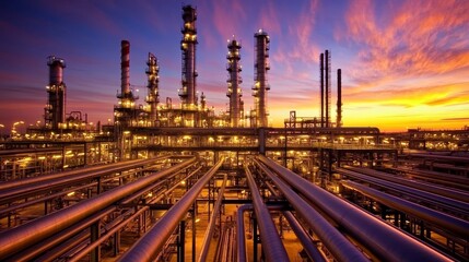 A detailed view of an illuminated oil refinery at twilight with glowing pipelines, towering chimneys, and a vivid evening sky, symbolizing energy production and industry.. AI Generation