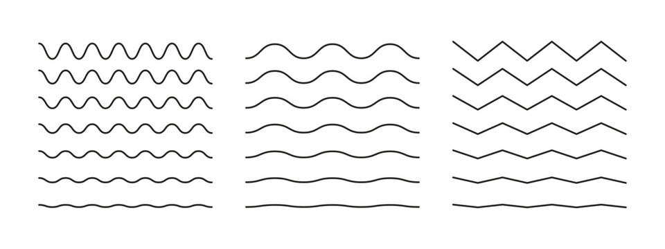 Wavy, curvy lines template. Simple undulate borders, transverse horizontal lines. Sine, fluid, air, wind signs pattern. Water, river, lake, sea, ocean symbol mockup. Outline minimalist black graphic.