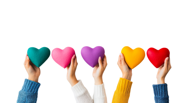 People holding colorful hearts in their hands, cut out transparent - Powered by Adobe