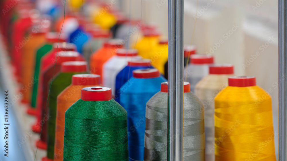 Aufkleber a row of colorful spools of thread are on display. the spools are of various colors, including green