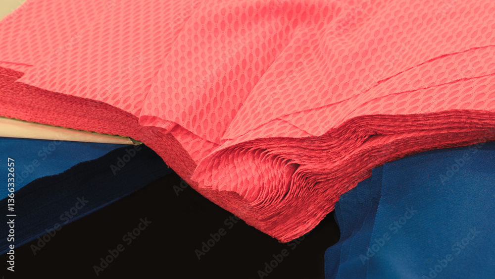 Poster a pile of pink fabric is on top of a blue fabric. the pink fabric is folded and has a pattern