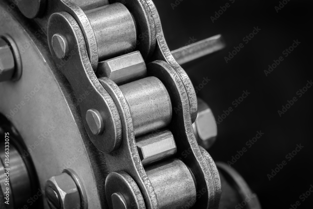 Poster a close up of a chain link with a lot of bolts and nuts. the chain is made of metal and has a lot of