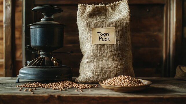 A burlap sack labeled Togri Pudi alongside a bowl of seeds and a vintage grinder on a rustic wooden table, evoking natural and traditional vibes.. AI Generation
