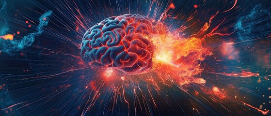 Dynamic digital illustration of a brain exploding with energy and light