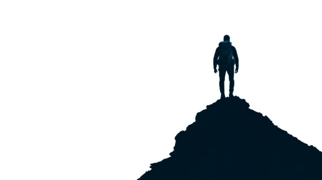 Adventurer at the summit stands strong and looks at the distance, cut out transparent