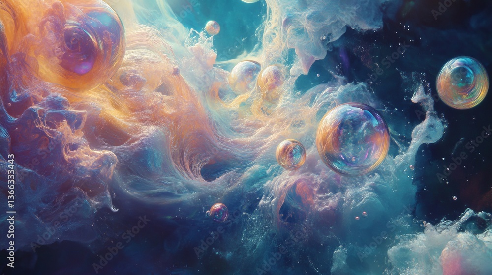 Poster abstract digital art featuring colorful, glowing bubbles floating in an ethereal cloudscape, blendin