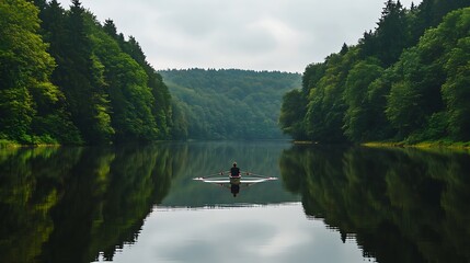 Fototapeta premium A lone rower skillfully rowing through a still lake, surrounded by peaceful nature.