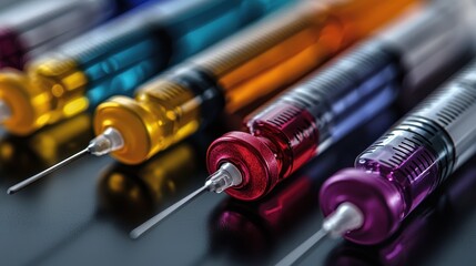 A close-up of colorful syringes, showcasing various vibrant colors with clear needles. Ideal for contexts related to healthcare and medicine.