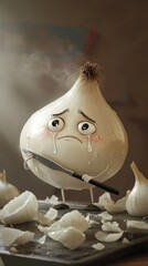 A realistic yet whimsical 3D render of a sad onion crying, holding a knife on a cutting board with onion peels and steam in a warm, moody kitchen environment.. AI Generation