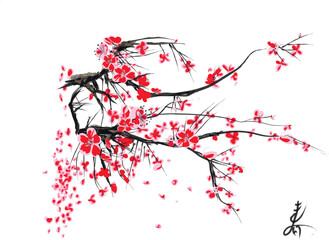 Realistic Sakura Blossom - Japanese Cherry Tree. Artistic Branch Plum Blossom. Vector