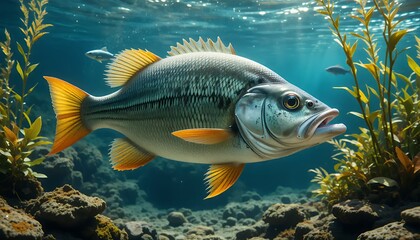 Fototapeta premium Bass Fish Swimming Underwater with Sunlight and Aquatic Plants Scenery